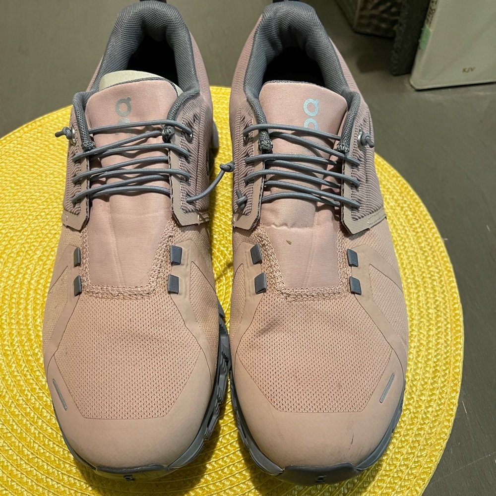 On Running Tan and Gray Athletic Shoes with Sturdy Design